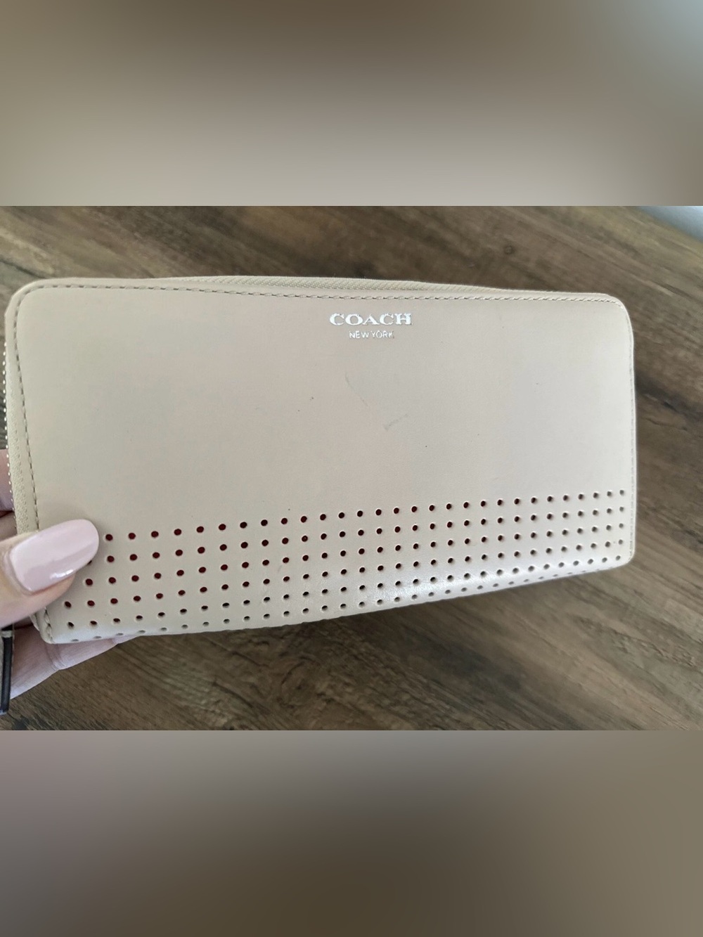 Coach Perforated Leather Accordion Zip Around Wallet Cream